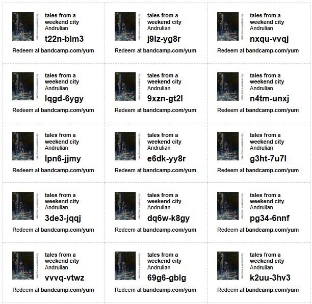 15 Bandcamp redeem codes for the album titles Tales From a Weekend City by Andrulian