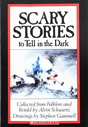 The cover of Scary Stories to Tell in the Dark, collected from folklore and retold by Alvin Schwartz Drawings by Stephen Gammell. There's a creepy-ass drawing with the text above and below. The crawing is a large head in profile growing out of the ground between a ramshackle house and two tombstones. The head has red around its nose and mouth and blue over the ear, and is smoking a pipe. The eye that's visible is looking right at ya.