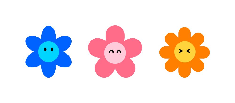 Three colourful, smiling flower characters representing our new project logos. From left to right: a blue flower with a cyan face and simple eyes, a pink flower with a light pink face and joyful curved eyes, and an orange flower with a yellow face and playful squinting eyes, all on a white background.