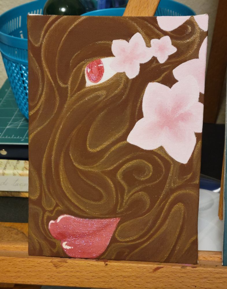 Gold smoke-like swirls are on an earthen brown background framing a dark pink and white eye and mouth that are distinctly human. Pale pink blossoms appear in the top right corner. WIP, no working title (acrylic on canvas)