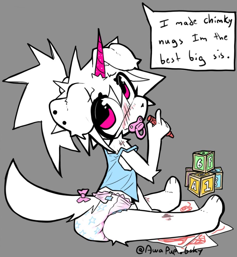 Unicorn puppie (me) Drawing and colouring and stuff and playing and big sis make chimkly nuggies YUMMERS YAY!!! i so happy i shy i happy but thank wawawa bBAAWBADBAWBA BARK BARK BAKR BARK BARK  AWA i love big sis she so yummers Bark bark babyfur kidfur agere age regression little space middle space diapers pacifier Puppie bark bark AAAA

ALL CHARACTERS ARE 18+ AND CONSENT

