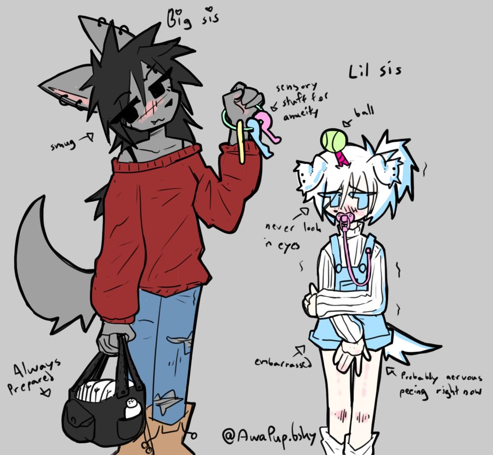 unicorn puppie (me) with big sis she is prepare all time and i must be good gorl or i will be pup paws again i need tinkle i nervous i pee peee if she find out i will be back in diaper bark bark >< she know i think she can smell me she know my smell i know her smell she smell so nice bark bark oopies i peed >< 

ALL CHARACTERS ARE 18+ AND CONSENT!!