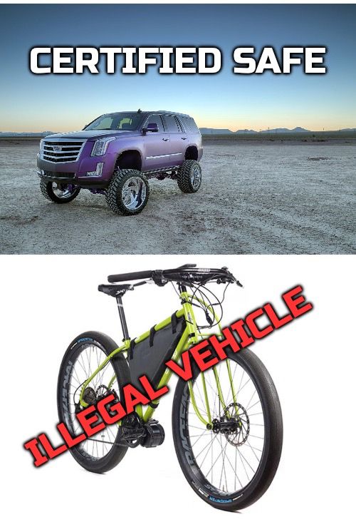 Purple Escalade lifted in the desert “certified safe”

Green diy Ebike “illegal vehicle”