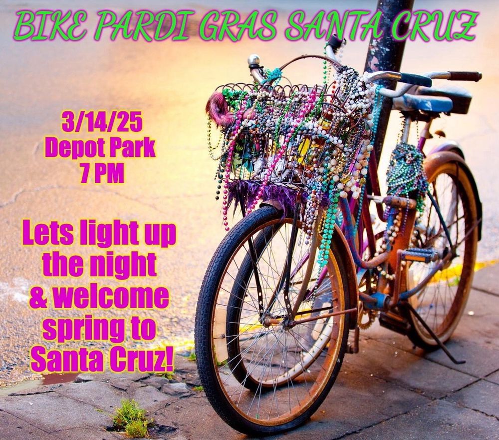 Bike pardi Gras flier.  Bike with beads and some pink text with details