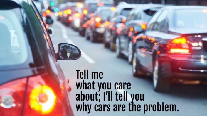 A picture of traffic in the city showing cars stopped

Text reads “tell me what you care about; I’ll tell you why cars are the problem.”