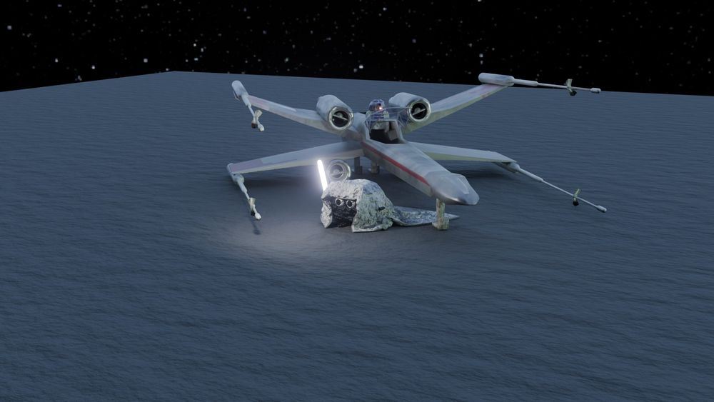 Sci-Fi scene with an X-wing behind a pet rock in a robe carrying a light sabre. 