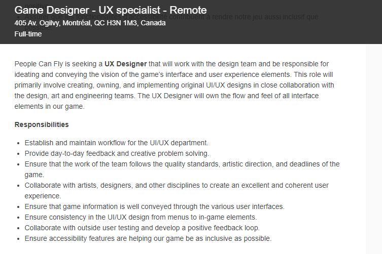 Job posting for a UX Designer position at People Can Fly
