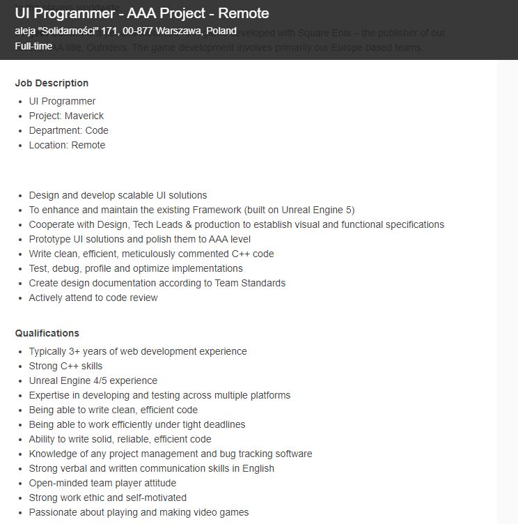 Job posting for a UI Programmer position at People Can Fly