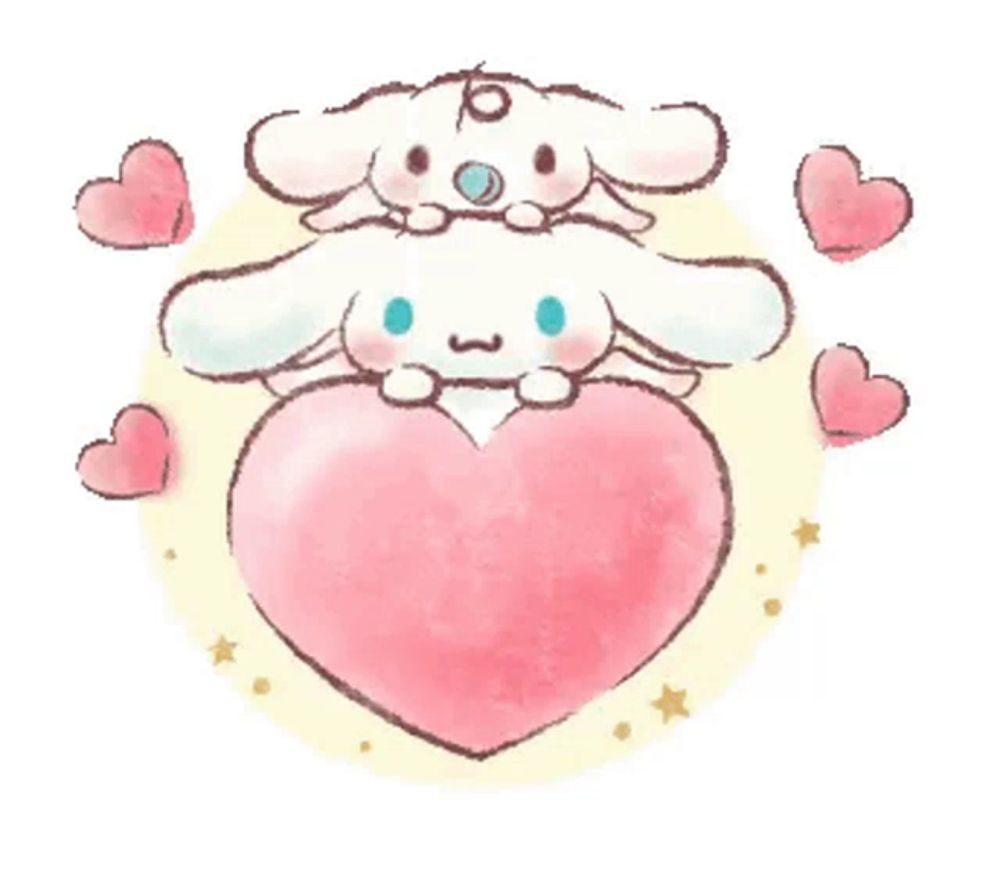 cinnamoroll is sitting on top of a pink heart surrounded by pink hearts .