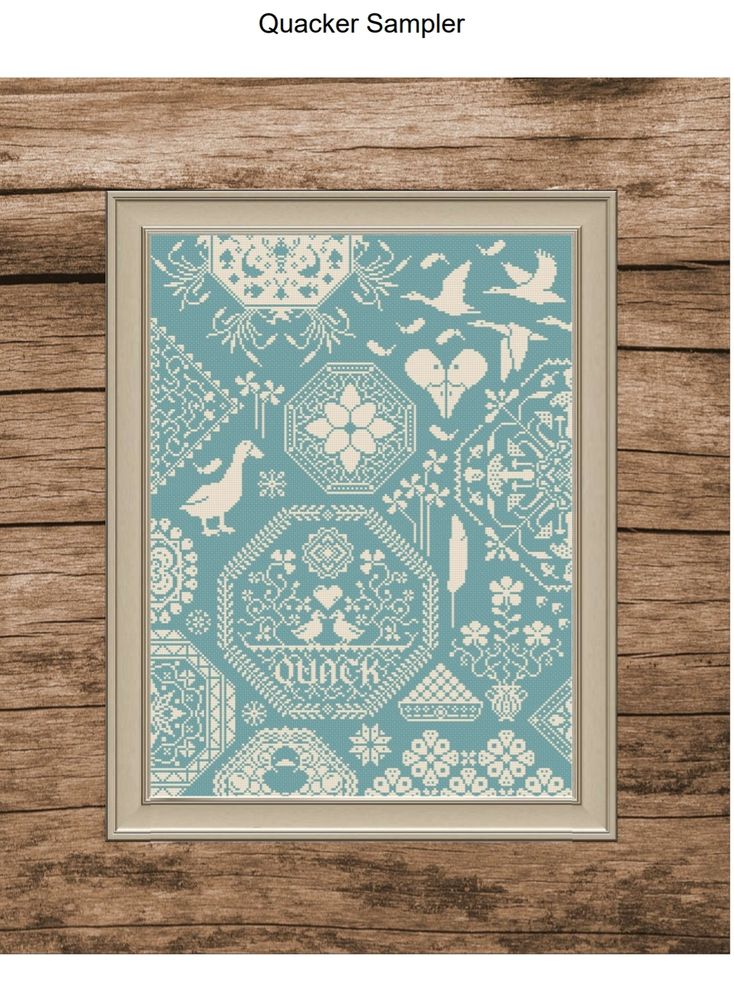 Digital mock-up of the whole sampler in white on teal. Lots of duck-themed Quaker motifs plus some feathers, ducks in flight and such.