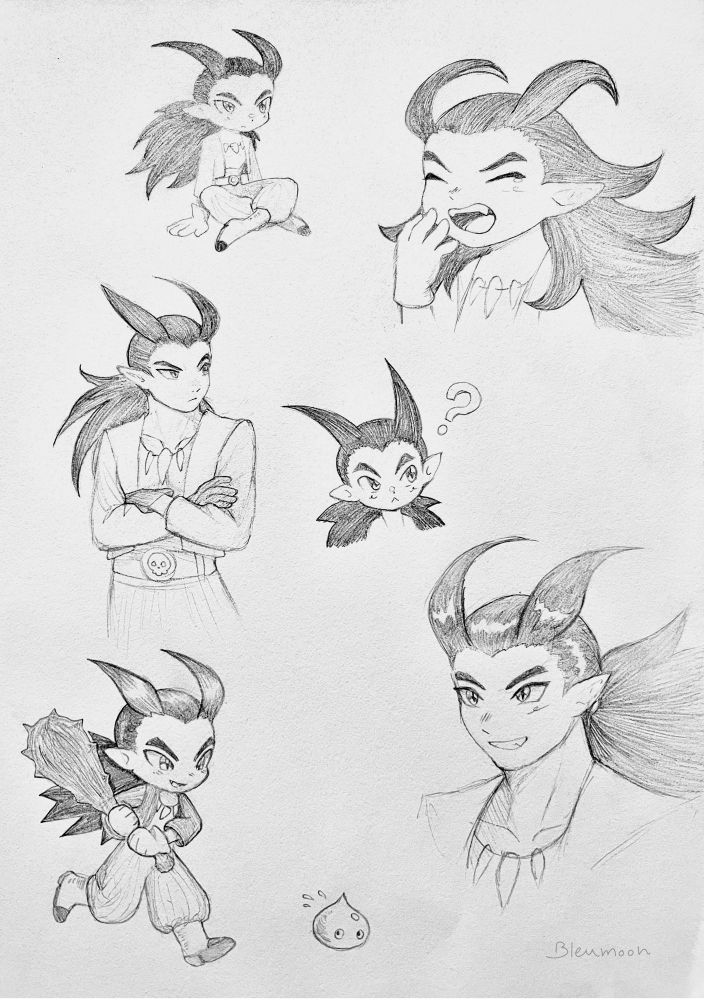 Various pencil drawings of Malroth from Dragon Quest Builders 2.