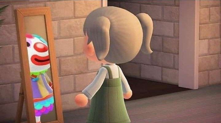a girl looking into a mirror and seeing a reflection of herself as a clown
