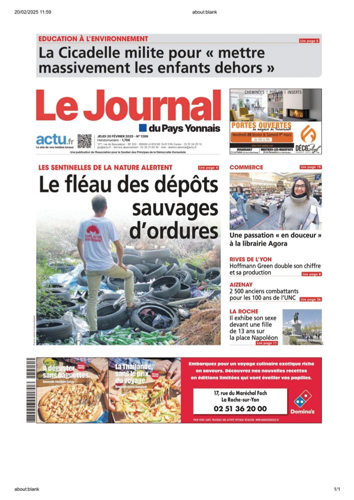 Couverture du Pays yonnais, 20/02/25.
Les Sentinelles de l'environnement alertent.
Le fléau des dépôts sauvages
Photo : Sentinelles, de dos, t-shirt FNE, devant un tas de pneus en pleine nature.