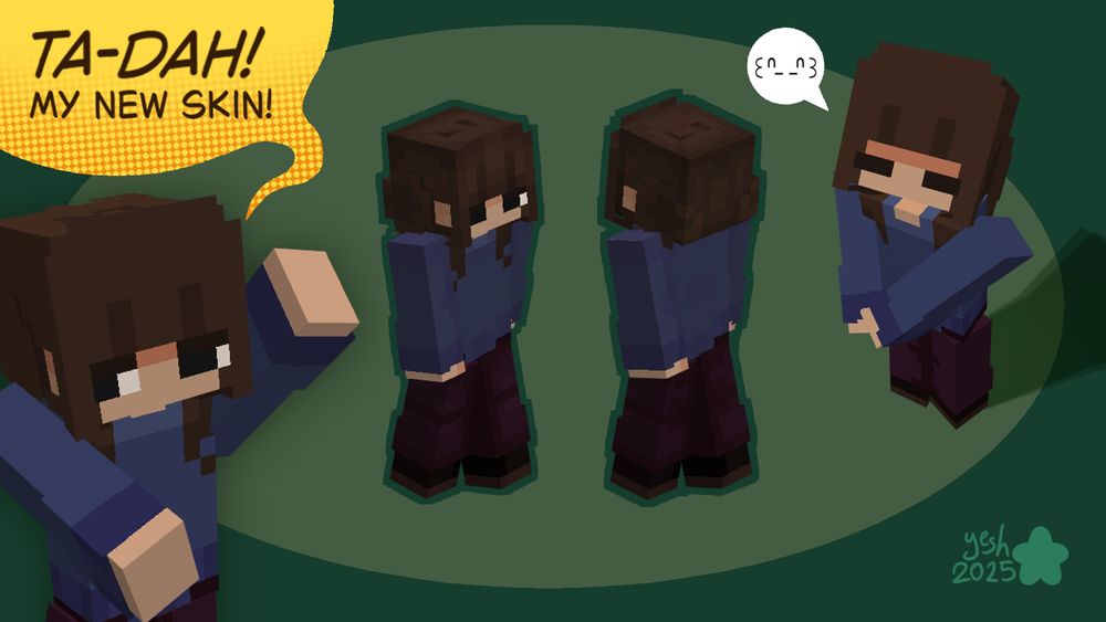 A showcase of a Minecraft skin front & back in the center of the image as well as two barebones renders of the skin surrounding it. 