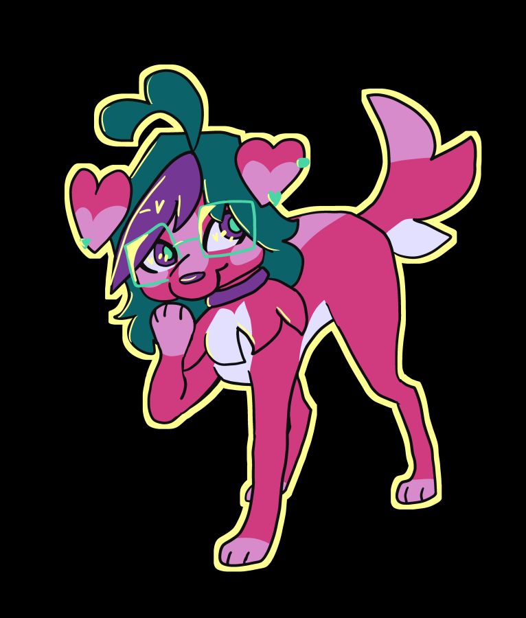 dog with heart shaped ears and hair playfully snickering into her hand