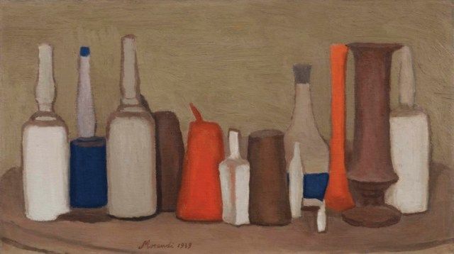 A painting of several bottles of various colors--white, blue, orange and brown--arranged on a small wooden table.