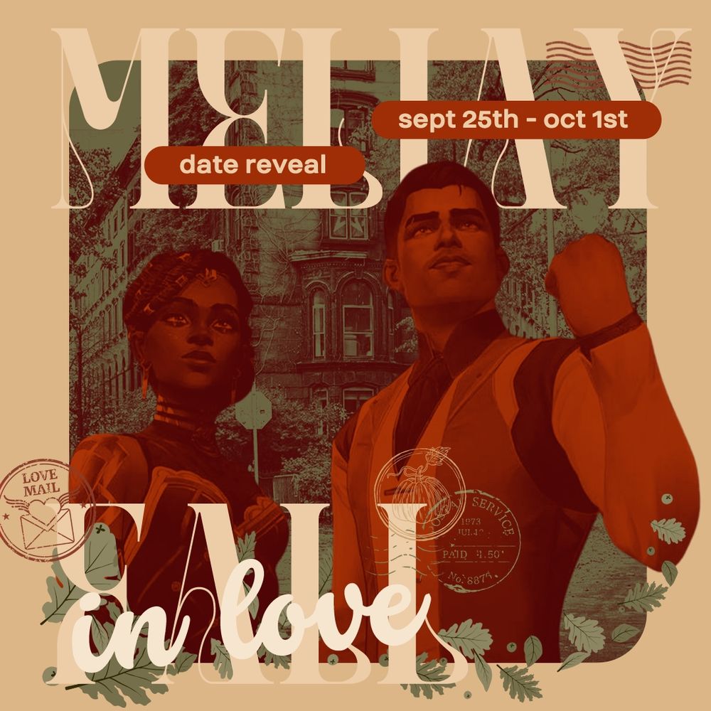 An image of Mel Medarda and Jayce Talis from Arcane. They are framed by the text "Meljay" above their heads and "Fall in love" at the bottom of the image. Above the "Meljay" it says in round containers "Date Reveal" and "Sept 25th - Oct 1st"