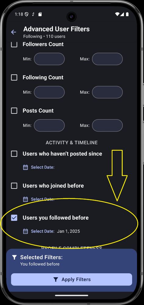 Screenshot showing the advanced filters screen along with the new filter in Tracker - Manager for Bluesky.