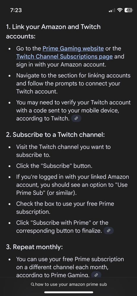 Instructions on how to subscribe for free on twitch using amazon prime 