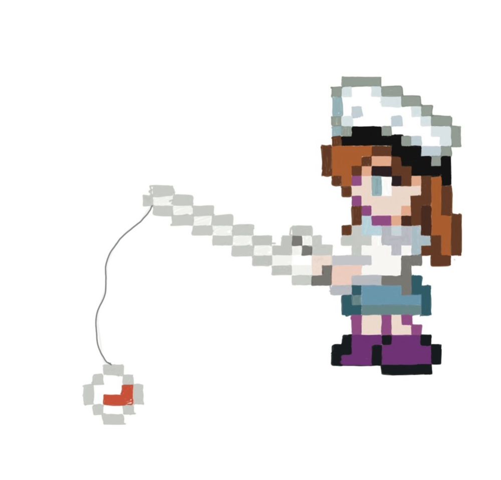 Illustrated stardew valley female character fishing on a white background