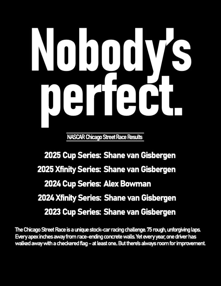 A 1980s-style advertising poster that lists “NASCAR Chicago Street Race results”. The 2023 Cup Series winner: Shane van Gisbergen. The 2024 Xfinity Series winner: Shane van Gisbergen. The 2024 Cup Series winner: Alex Bowman. The 2025 Xfinity Series winner: Shane van Gisbergen. The 2025 Cup Series winner: Shane van Gisbergen. The title reads “Nobody’s Perfect”