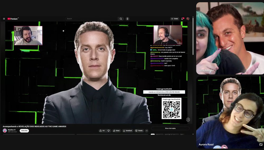 Geoff Keighley as thumbnail from a video and two women watching with the video with Geoff Keighley backgrounds