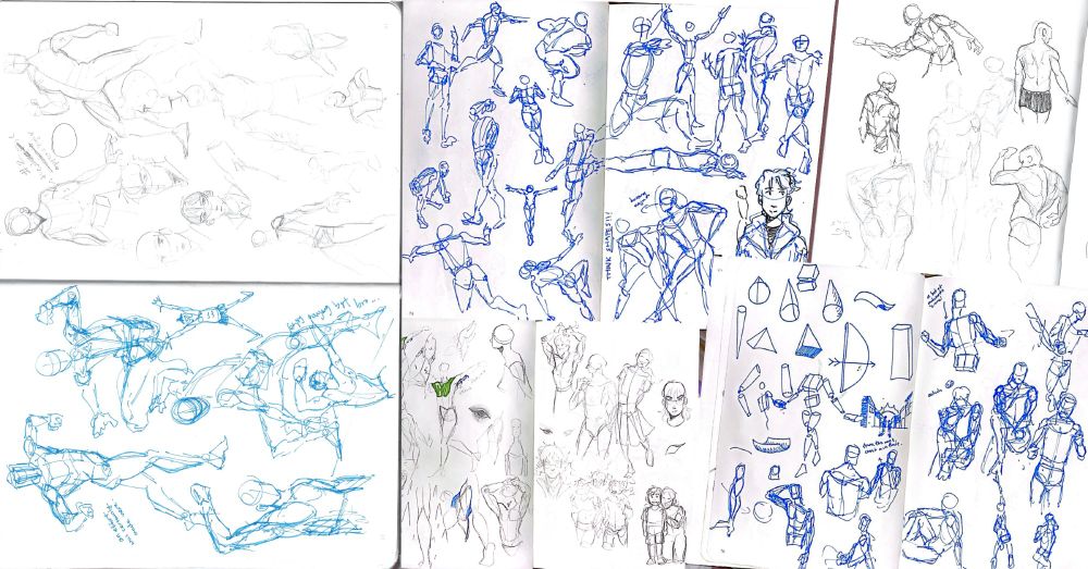 a compilation of sketchbook pages; include anatomy studies and some sketches for the manhwa series no home.
