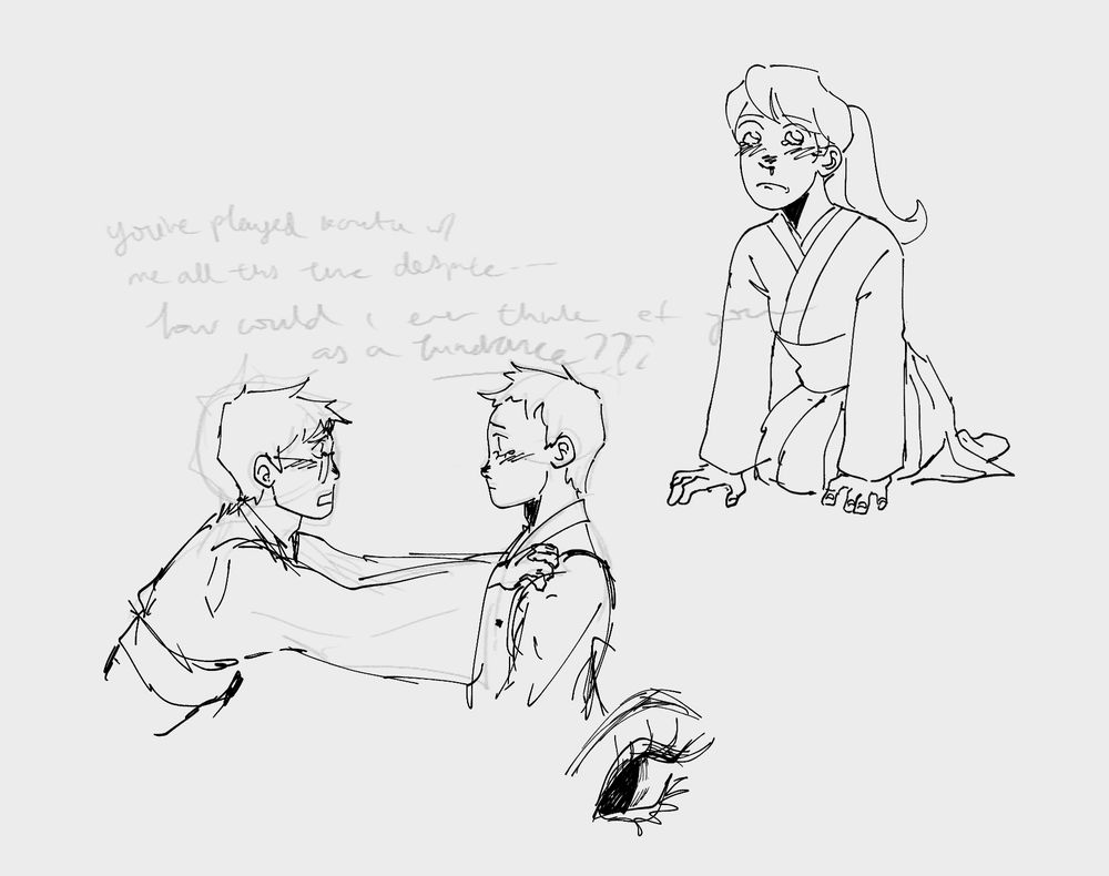 a digital sketch based on chapter 205, the end of the challengers match between taichi and arata. arata, tearing up, holds onto taichi's shoulder as he says "you played karuta with me all this time despite... how could i ever think of you as a hindrance???" taichi is also teary eyed at this. chihaya is crying as well, positioned on her knees as she observes the scene. this trio makes me cry