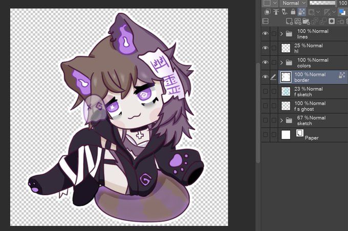 a chibi of my VTuber, Phantoki, floating and sitting