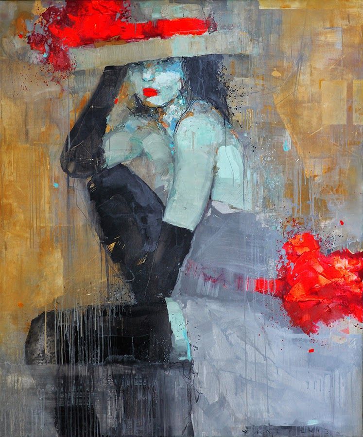 Abstract painting of single female figure sitting with right arm propped up on bent right leg. The subject is wearing a large hat with a red embellishment. There is also a prominent red belt or sash around the figure's wait. 