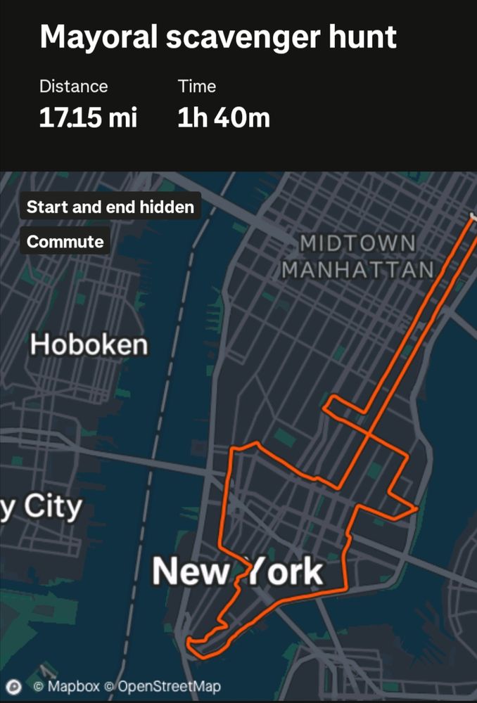 Screenshot from Strava showing the route I took though Manhattan to hit all the spots on the scavenger hunt