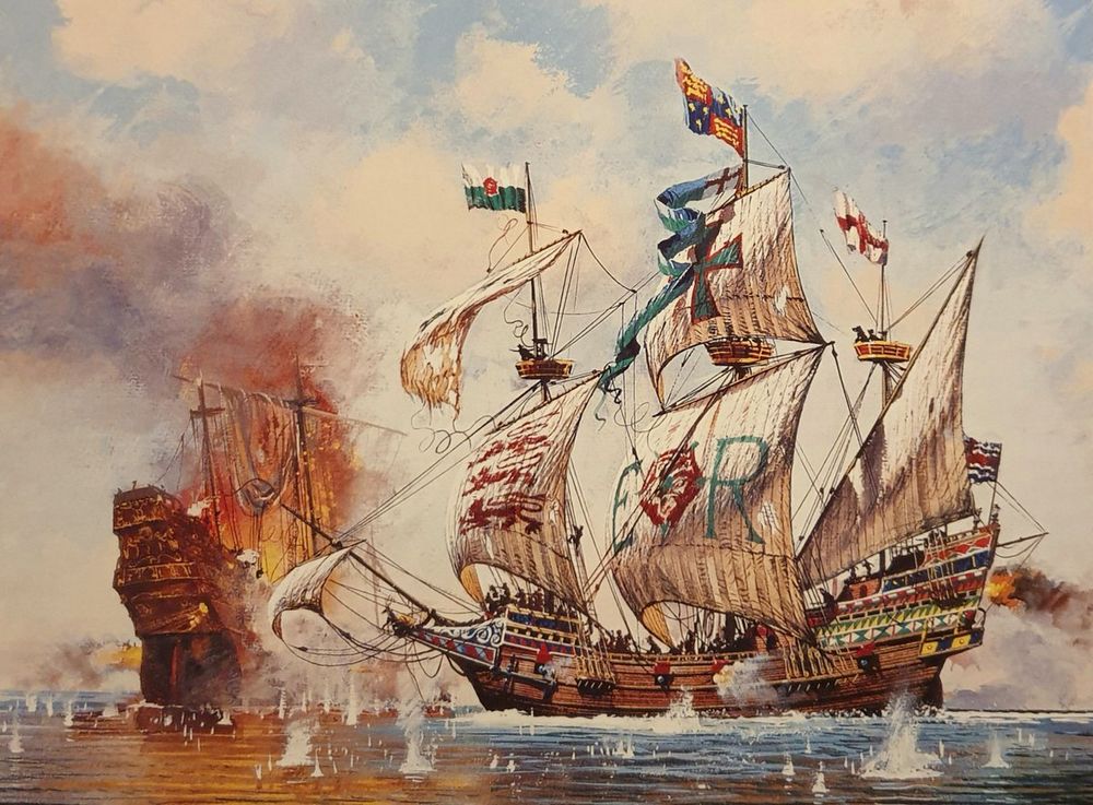 Painting of a magnificent galleon with huge decorated sails attacking another ship that's on fire
