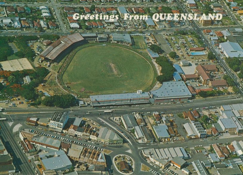 Old postcard of the Gabba ground with caption "greetings from Queensland"