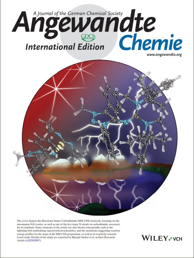 Cover on Angewandte Chemie showing a molecule composed of a mesoionic imine and a carbodiimide fragment, featuring an N(I) center. The atoms in the molecule are displayed in a shiny metallic style, and the background shows lightning and stars over a lake with mountains, before a red and blue illuminated sky, in a cartoonish style.