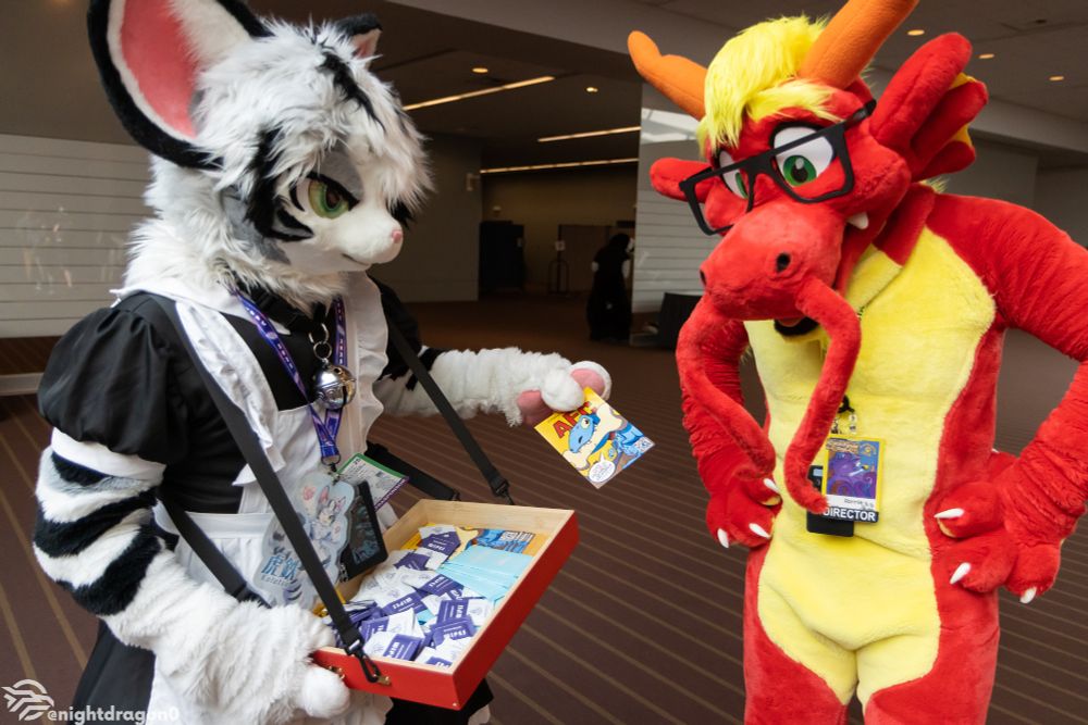 Two fursuiters interact in a brightly-lit hallway at a convention. On the left, a white and black feline wearing a maid outfit and large bell around their neck holds a wooden tray filled with sanitary supplies, offering one Another Furry Con 2025 flyer. On the right, a red and yellow dragon character with glasses and a convention badge labeled “DIRECTOR” leans in with hands on hips, smiling. Both wear lanyards and badges, and the atmosphere is friendly and lively.
The photo is credited to @nightdragon0.