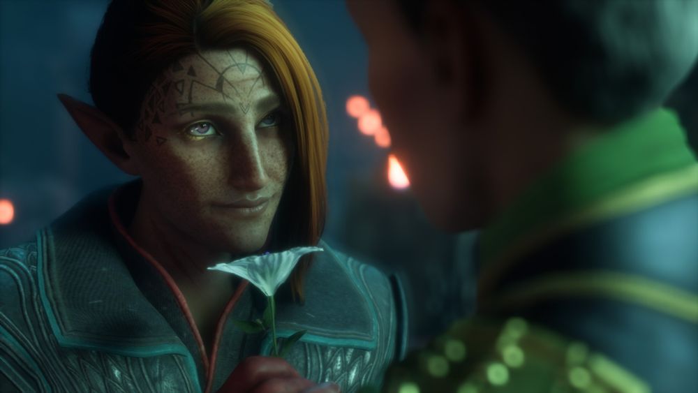 Screenshot from dragon age: the veilguard of an elven rook holding a flower and giving puppy dog eyes to Emmrich 