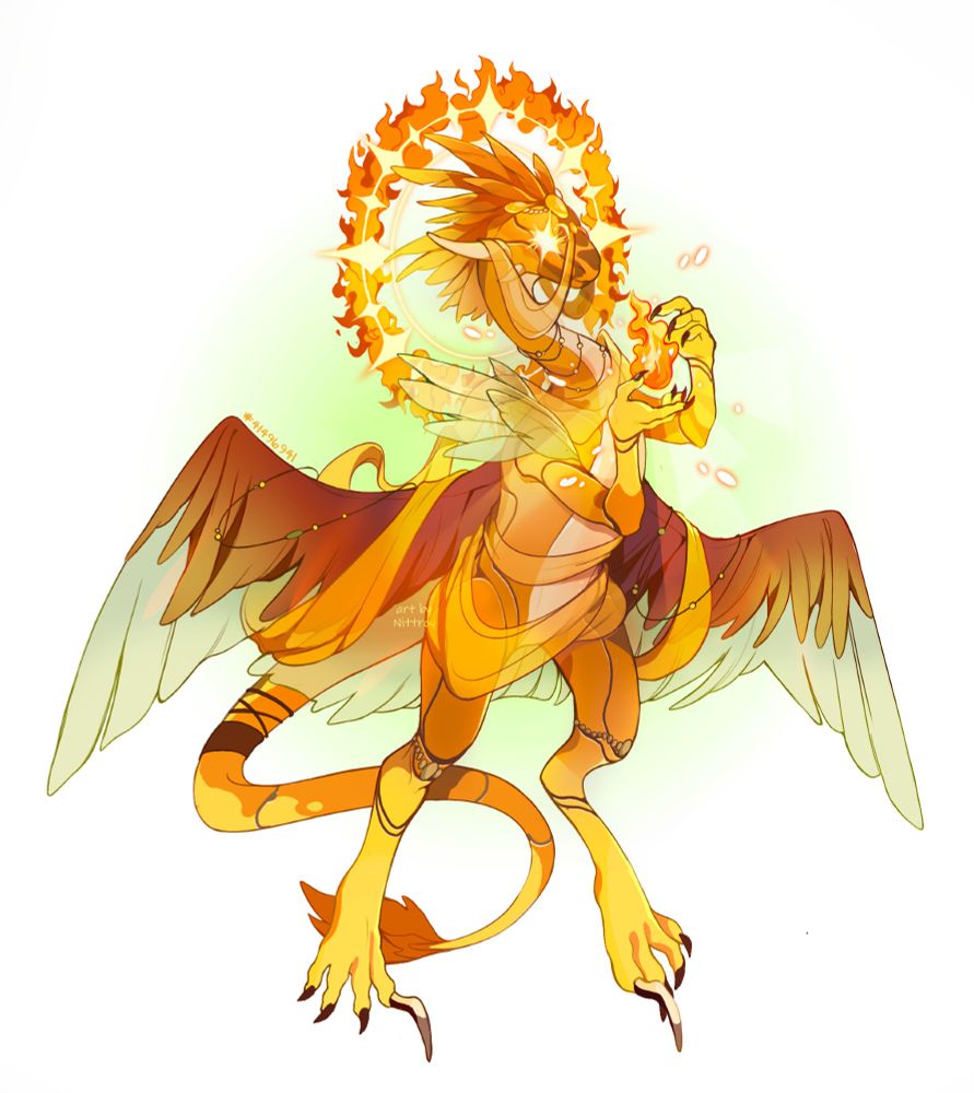 A drawing of a Wildclaw dragon from Flight Rising.  The dragon's name is Ermes, and it belongs to Flight Rising user xxDoxxie (ID 373489). He is orange (Sunshine / Metals / Ivory) in colour and has details of Wasp genes running along his body. His eyes are of primal light, sparkling. He has a double halo, consisting of a light sparkle halo and a fire halo. He stands tall on his legs and holds a small fire in his hands. 