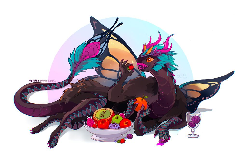 A drawing of an Aether dragon from Flight Rising. The dragon's name is Apatite, and she belongs to Flight Rising user CornHusks (ID 208301). She is a dark color aether with blue butterfly wings and has cyan and pink  bright patterns and accents all across the legs, neck and tail. She is a dark Aether with blue butterfly wings and has cyan and pink bright patterns and accents on her legs, neck and tail. She is lying comfortably on her side, with a plate of various fruits in front of her. She also has a goblet of special Aether Cherries. She is about to bite into a strawberry - but she also has an orange in her other pair of arms. 