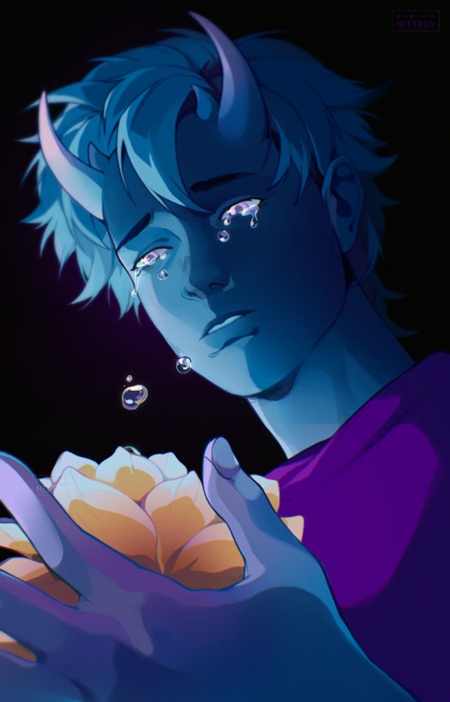 A vertical drawing by Nittroy of their OC. Benji (he/they), a teen with unruly hair, is holding a flower in his palm. Tears are falling from his eyes onto the flower. The entire drawing is in shades of blue and purple, with the white-peach colored flower being the only warm accent. 