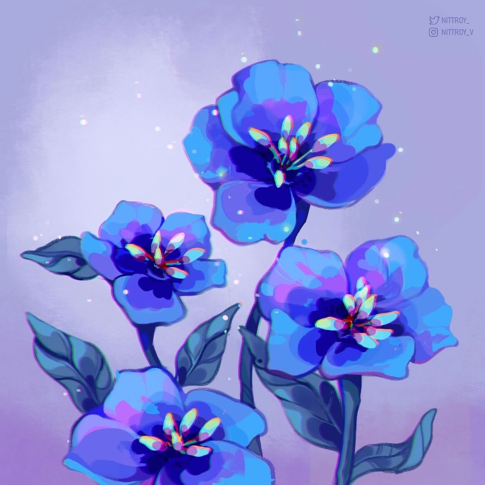 Digital drawing of blue flowers on light purple background. Each has 5 petals of blue colors with teal, pink, and purple spots. The flowers are emitting small light particles. This species' of flower is fictional, called Fumish Radeas.