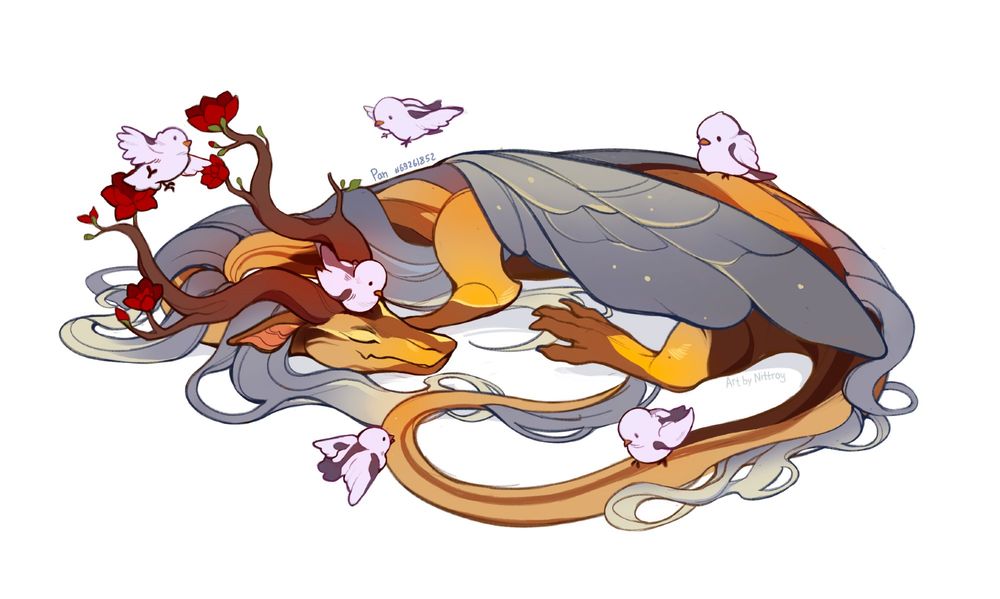 A drawing of a Veilspun dragon from Flight Rising.  The dragon's name is Pan, and he belongs to Flight Rising user CamphorEurydice (ID 548665). Pan is an orange dragon with gray-ish wings and hair. He has branches with red flowers growing out of his head. On the drawing he is sleeping, curled up into a pretzel. He is surrounded by small white birds flying around and sitting on his head and tail. 