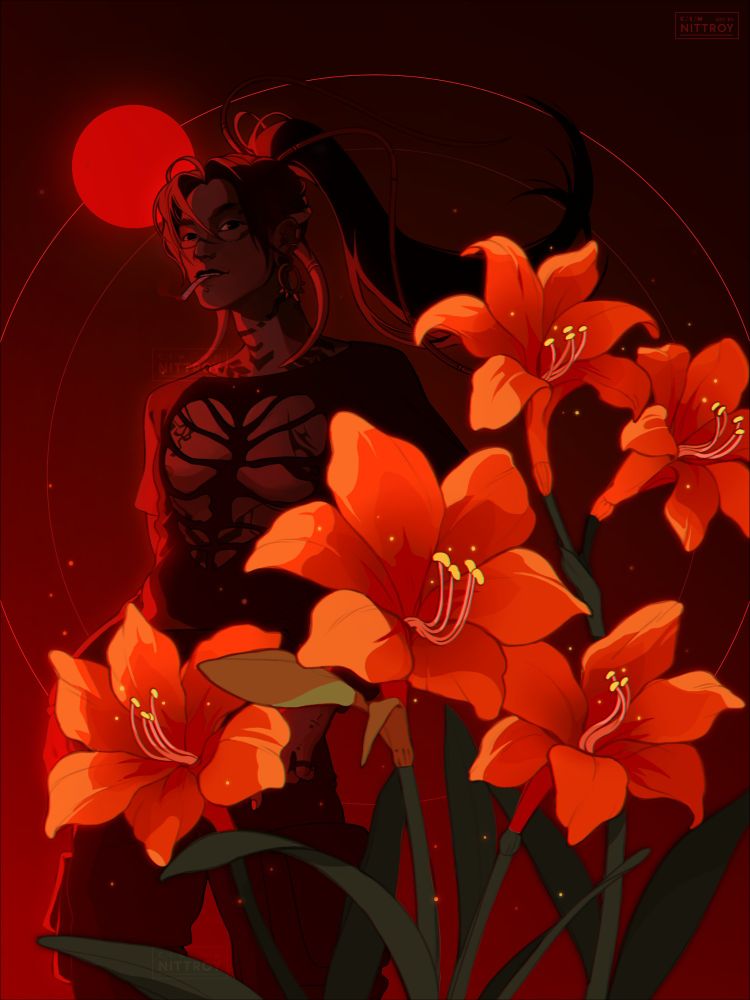 A vertical drawing by Nittroy in red tones, part of Huevember art challenge. In the foreground are five reddish amaryllis flowers. They glow a little as they are the brightest part of the composition. In the background, in the dark, with only a bright red light coming from the right, is a person with a cigarette in their mouth. That’s Qiyong (any pronouns). They are an androgynous asian person, they are wwearing long sleeves with a hole on their chest in the shape of a shattered heart. They have tattoos on their neck, chest and face. Their hair is long, and it looks as if they have wires woven into their hair. Behind them, the gradient in the background of the drawing is decorated abstractly with several bright circles.