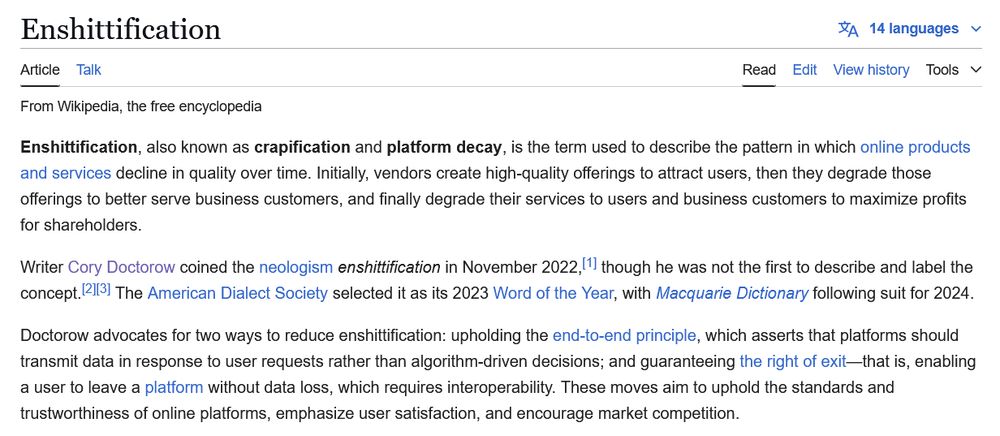 Page Wikipedia du terme "Enshittification". https://en.wikipedia.org/wiki/Enshittification