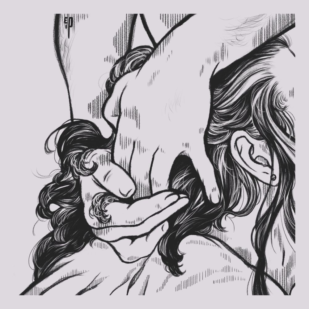 A drawing of part of a long haired person's head/face, a second person has their hands in the first person's hair. Oral sex is implied.