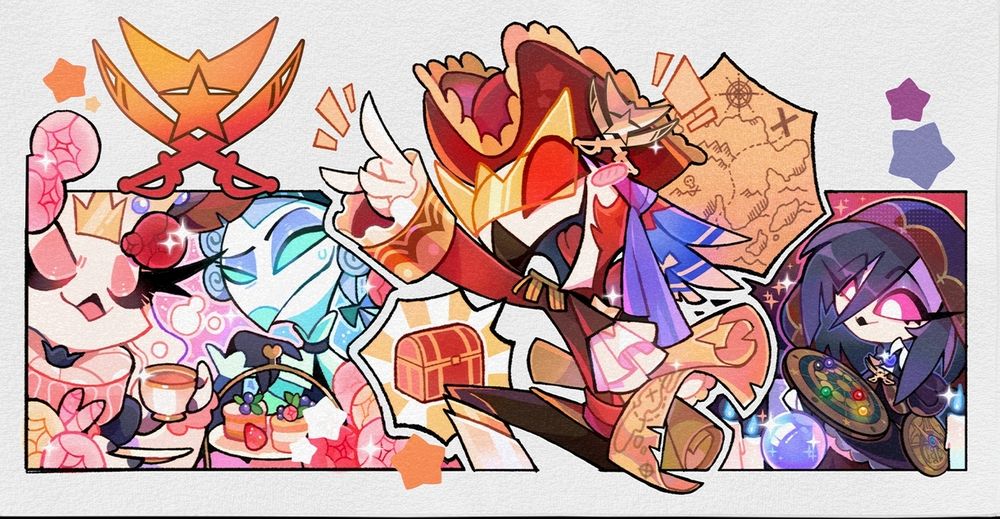 An image of the Helluva Boss 2025 summer merch, specifically the Vassago's Ship towel featuring chibi art of Stella and Andrealphus with tea ans cakes, Vassago eager about treasure with some treasure maps and Octavia presumably navigating with a navigation tool while smiling