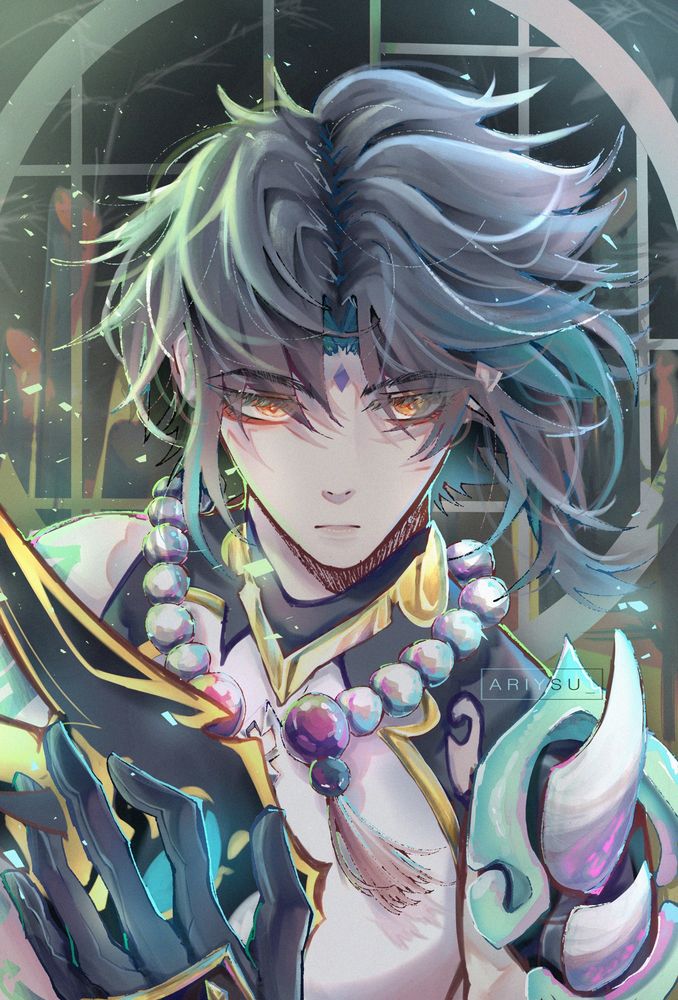 Anime Manga Art:
a fanart of Xiao from Genshin Impact. He’s holding his usual mask while the wind roughly touching his hair