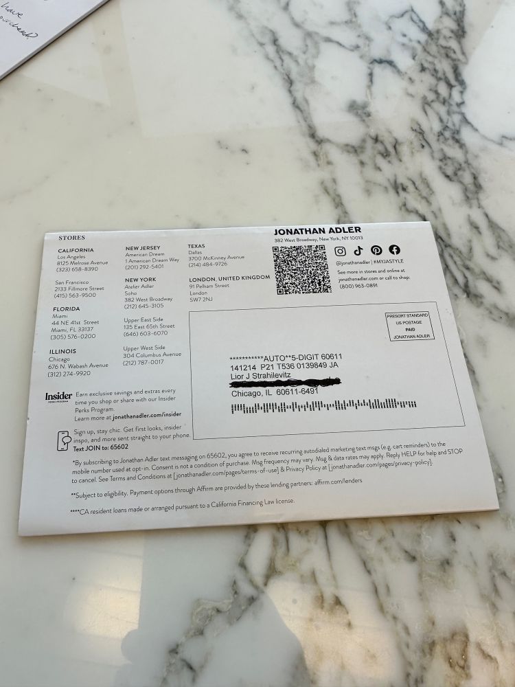 Junk mail from Jonathan Adler stores