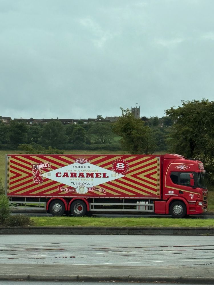 Picture of a Tunnocks lorry parked up at a motorway service station. 