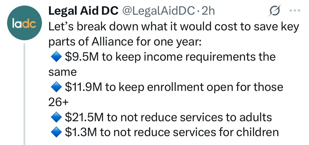 @LegalAidDC tweet “Let’s break down what it would cost to save key parts of Alliance for one year:
🔹$9.5M to keep income requirements the same 
🔹$11.9M to keep enrollment open for those 26+ 
🔹$21.5M to not reduce services to adults 
🔹$1.3M to not reduce services for children”
