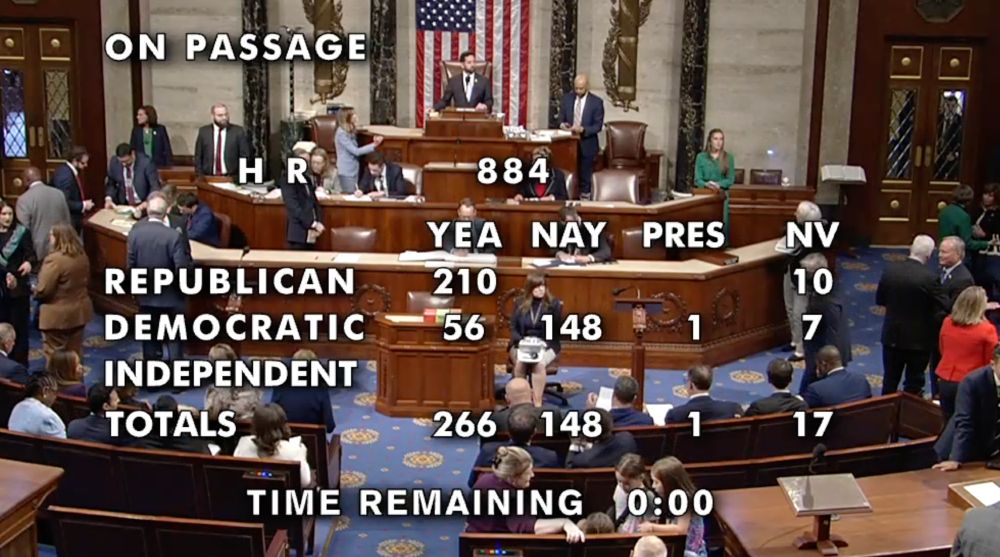 Voting results for HR 884
Republican 210 Yea, 0 Nay, 0 Pres, 10 NV
Democratic 56 Yea, 148 Nay, 1 Pres, 7 NV
Independent

Totals 266 Yea, 148 Nay, 1 Pres, 17 NV